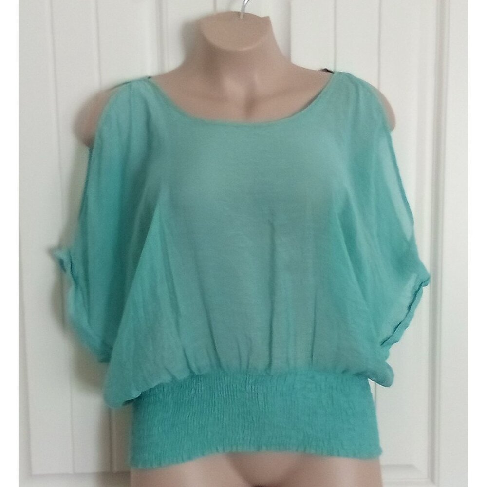Womens Sheer Teal Cold Shoulder Blouse By Rouge Collection 3X Elastic Waistband